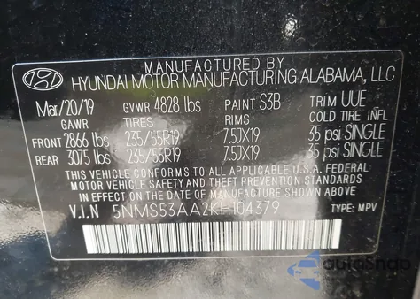 2019 Hyundai Santa Fe Ultimate 2.0T from USA, damaged, VIN 5NMS53AA2KH104379